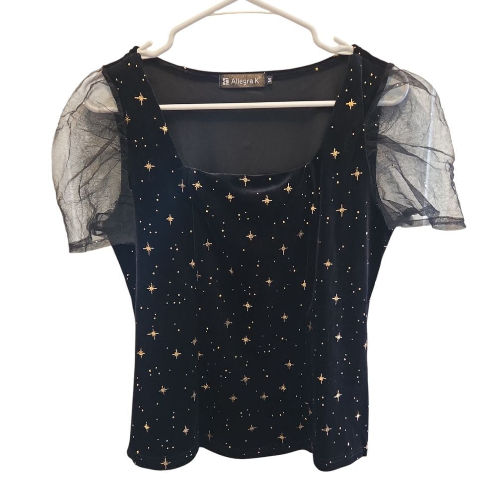 Allegra K Women's Black Top with Gold Star Pattern SZ M